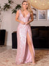 Sheath V Neck Sequins Slit Pink Prom Dress LBQ1524